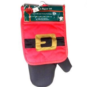NWT Santa Suit Christmas Oven Mitt & Holder Set – Festive 2-Piece Kitchen Decor
